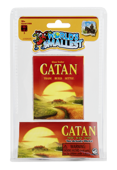 Compact Worlds Smallest Catan game in blister pack with vibrant cover art and travel-friendly size for strategy fans ages 10 and up