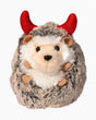Soft plush hedgehog toy with red devil horns and a friendly face, perfect for Halloween fun and kids’ playtime.