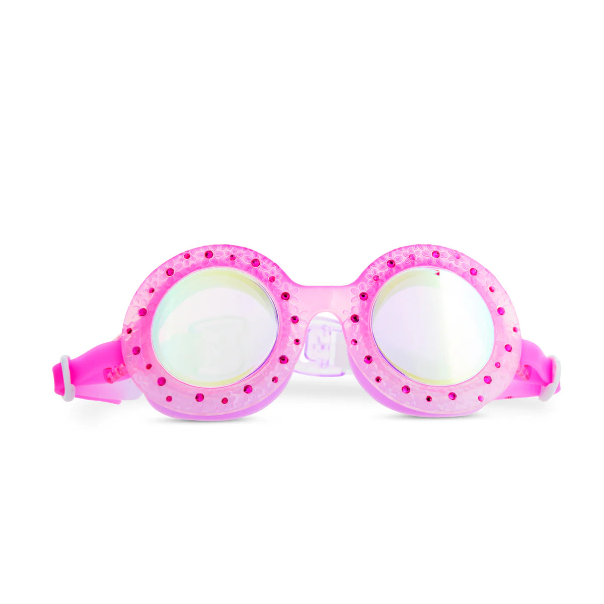 Googles Flower Bud kids swim goggles in pink ombre with rhinestones and floral etching, UV protection, and anti-fog lenses.