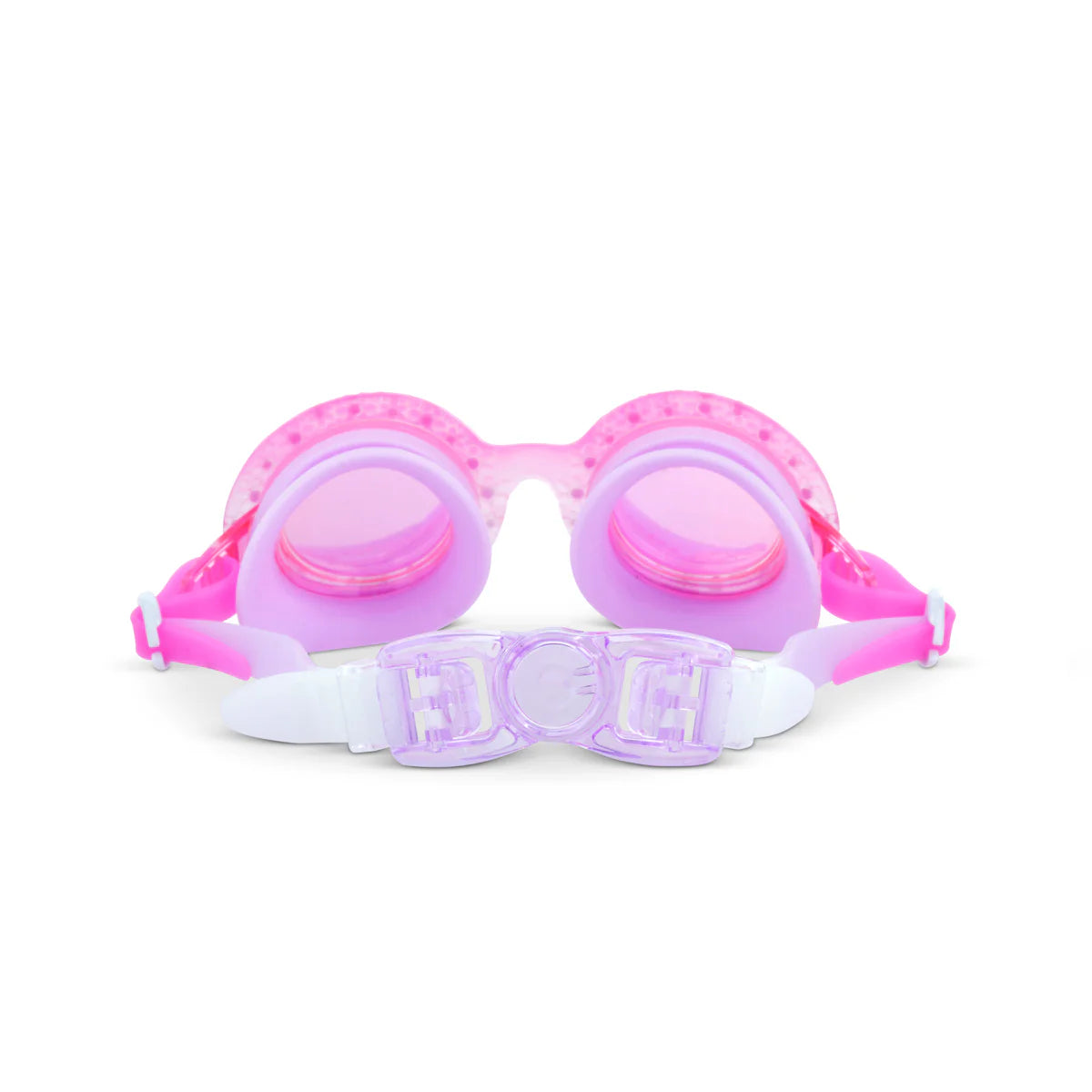 Googles Flower Bud swim goggles for kids with pink ombre, floral etching, rhinestones, and secure easy-on back clip.