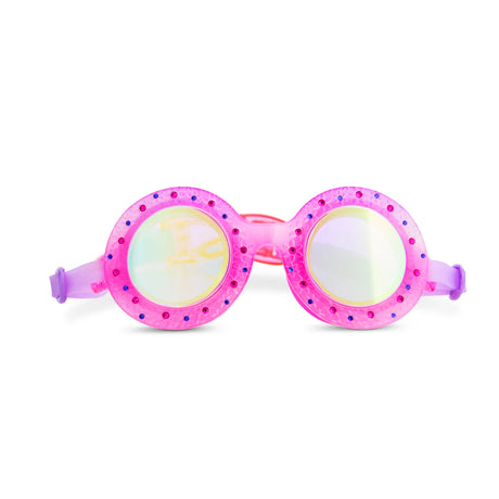 Googles Flower Bud kids swim goggles in pink ombre with rhinestones and floral etching, UV protection lenses.