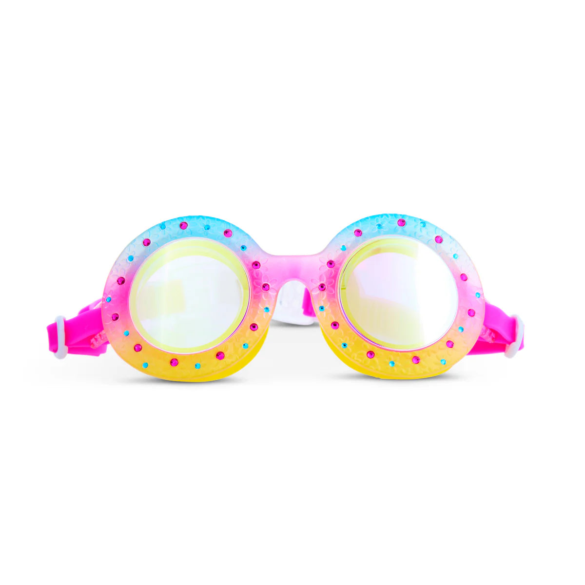 Googles Flower Bud swim goggles with pink ombre round frame and sparkling rhinestones for kids age 6 and up.