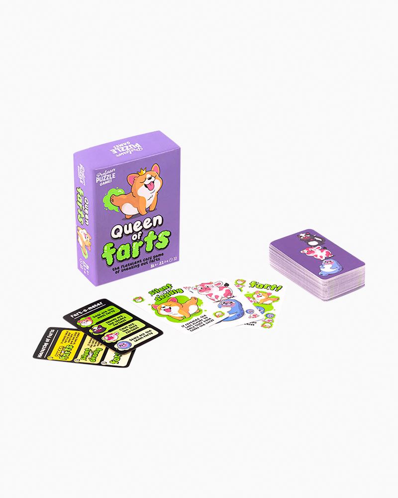 Queen of Farts card game with colorful animal cards and purple box for ages 6 and up, 3-6 players.