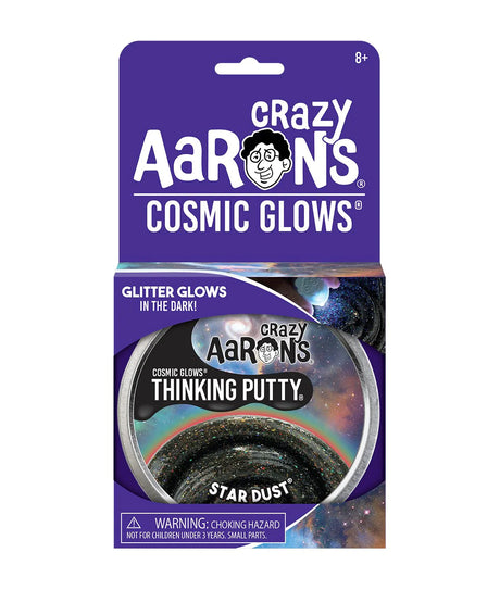 Cosmic Glows Star Dust Thinking Putty black with rainbow glitter that glows in the dark in purple packaging.