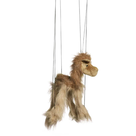 Marionette Small | Camel string puppet with tangle-free control bar, approximately 8" tall, hopping and dancing toy.