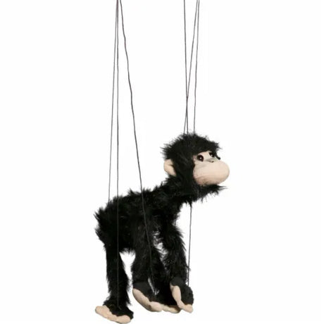 Marionette Small | Chimpanzee string puppet with black fur and control bar for hopping and dancing motions.