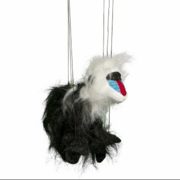 Marionette Small | Mandrill Monkey string puppet with black and white fur and colorful face, hanging by control bar strings.