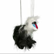 Marionette Small | Mandrill Monkey string puppet with black and white fur and colorful face, hanging by control bar strings.