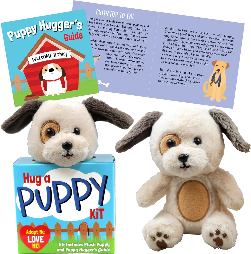 Plush puppy toy with Puppy Hugger's Guide and colorful Hug a Puppy Kit box for kids and collectors