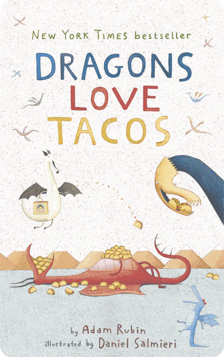 Yoto Dragons Love Tacos English & Spanish book cover with dragons and tacos illustration by Daniel Salmieri.
