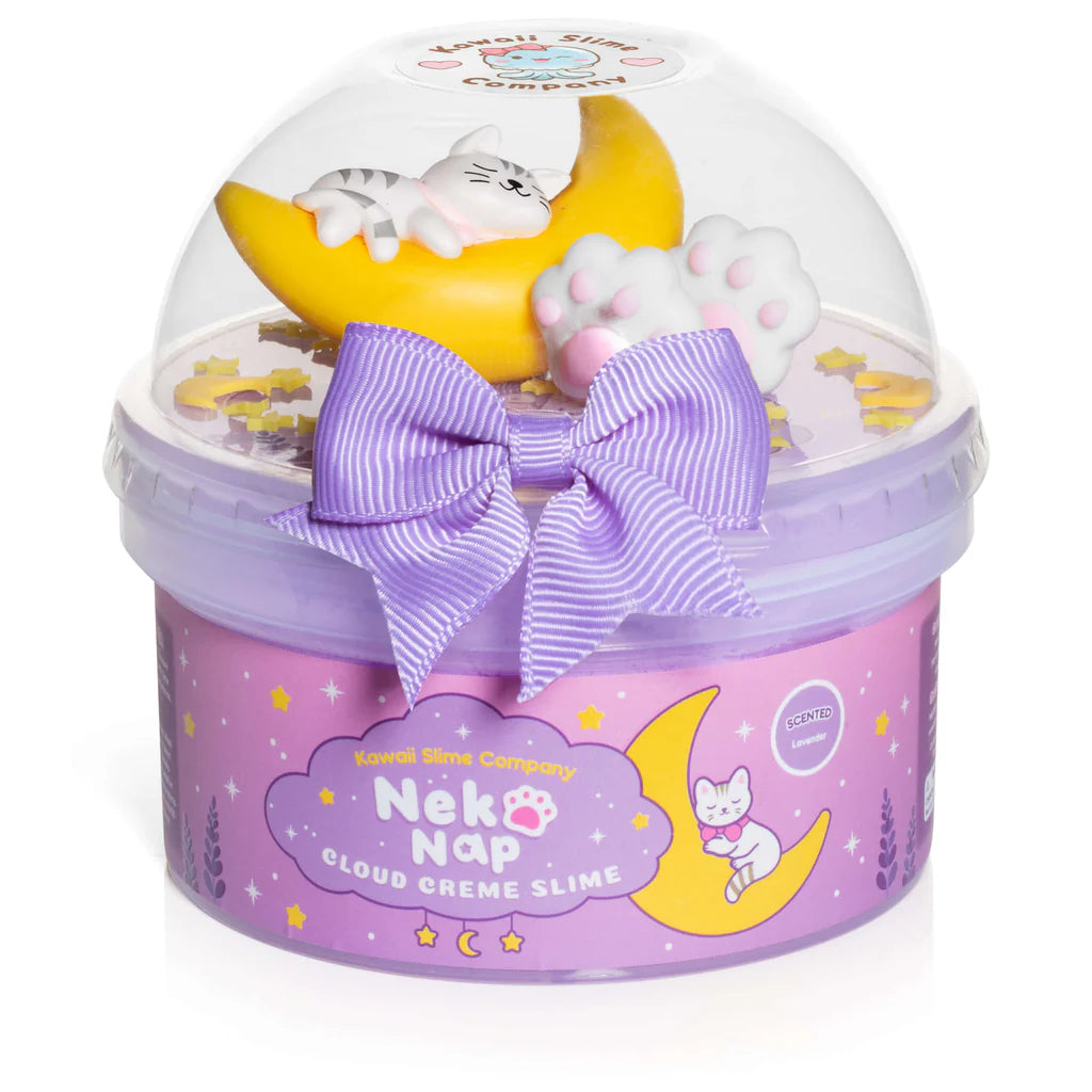 Neko Nap Cloud Creme Slime in purple container with cat and moon decorations and lavender-scented slime inside.