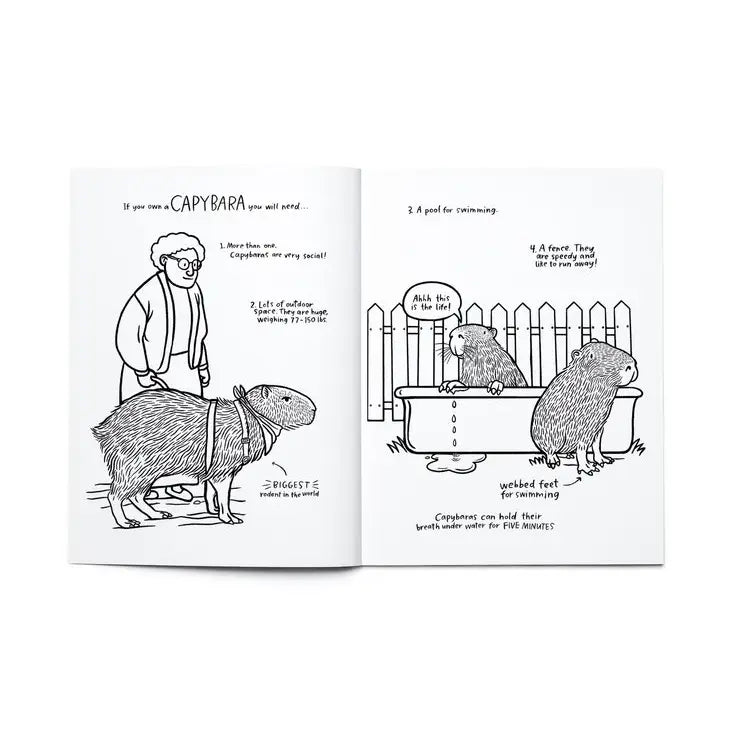 Open coloring book pages featuring capybaras with fun facts and playful illustrations for kids to color and learn about pets.