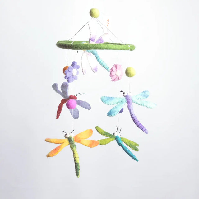 Felt Mobile | Dragonfly colorful felt dragonflies hanging from green hoop, handmade nursery decor mobile