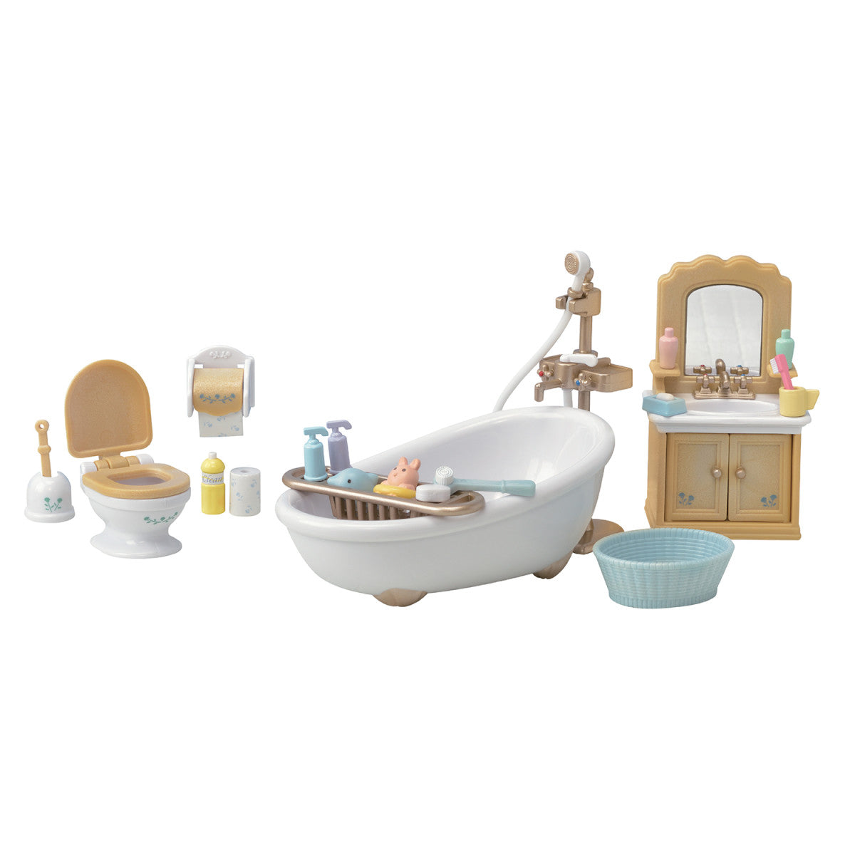 Calico Critters Country Bathroom Set featuring detailed bathtub, toilet, sink with mirror, and bath accessories for dollhouse play.