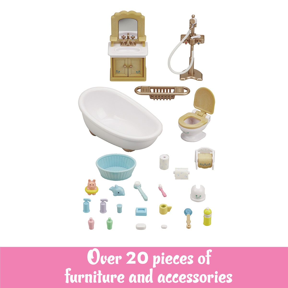 Country Bathroom Set with over 20 miniature bathroom furniture pieces and accessories for Calico Critters dollhouse play.