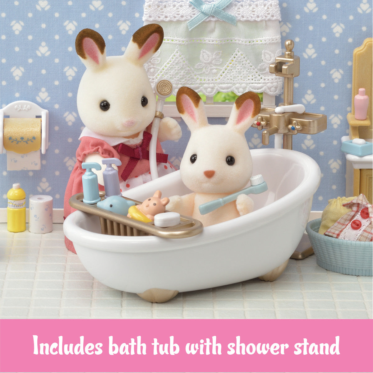 Country Bathroom Set with bathtub, shower stand, bath tray, toys, and two rabbit figures in a dollhouse bathroom scene