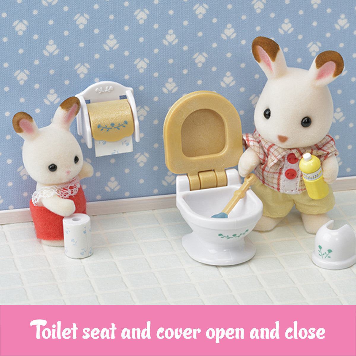 Calico Critters Country Bathroom Set featuring small bunny figures with toilet and accessories in dollhouse bathroom scene