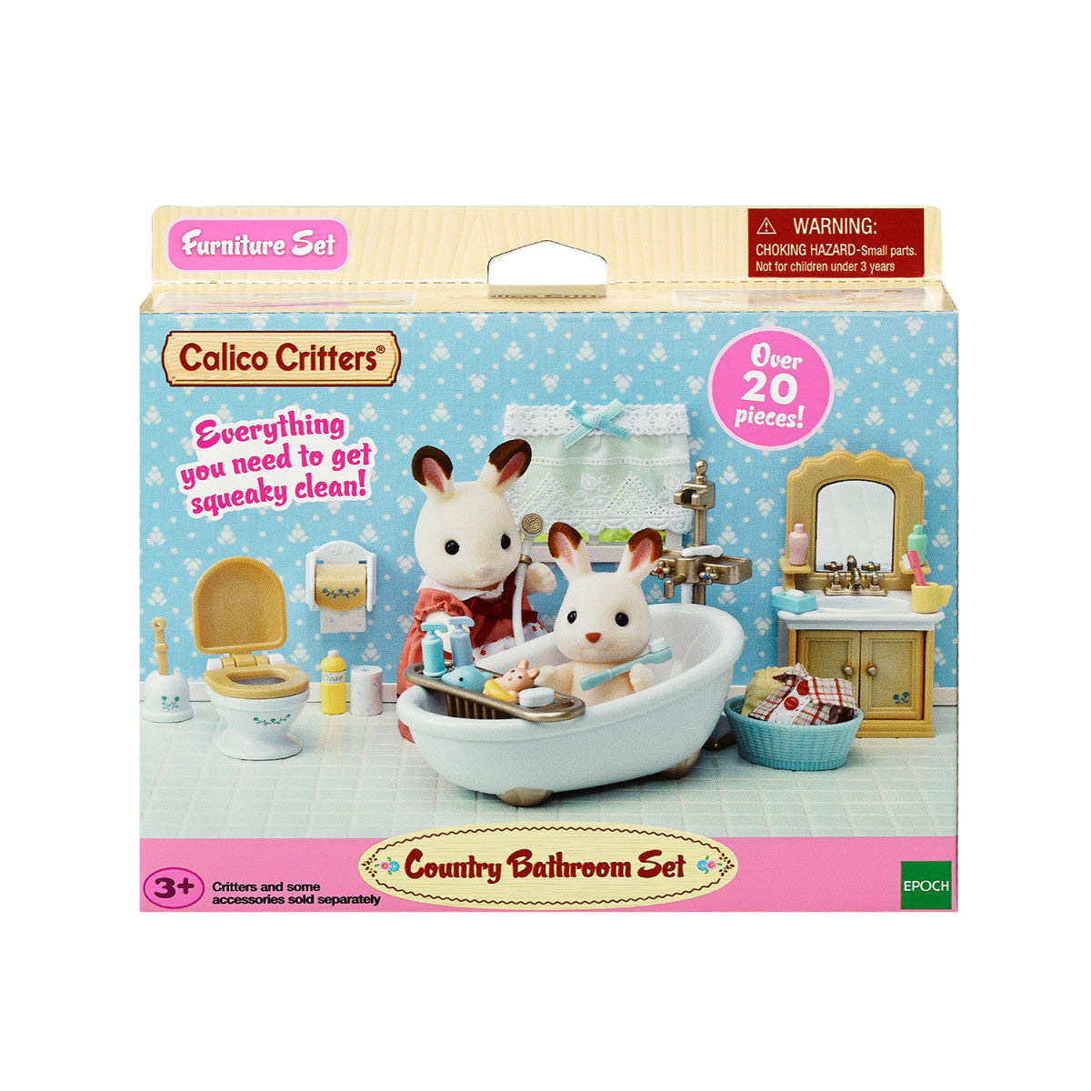 Country Bathroom Set with over 20 furniture pieces including tub, sink, toilet, and bath toys for Calico Critters dollhouse.