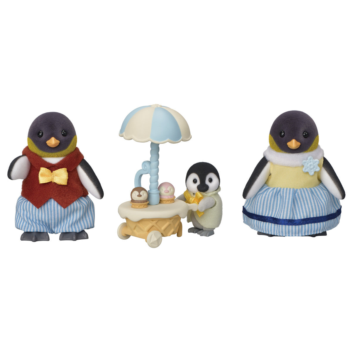Penguin Family featuring father, mother, and baby penguins with ice cream wagon accessory in playful poses.