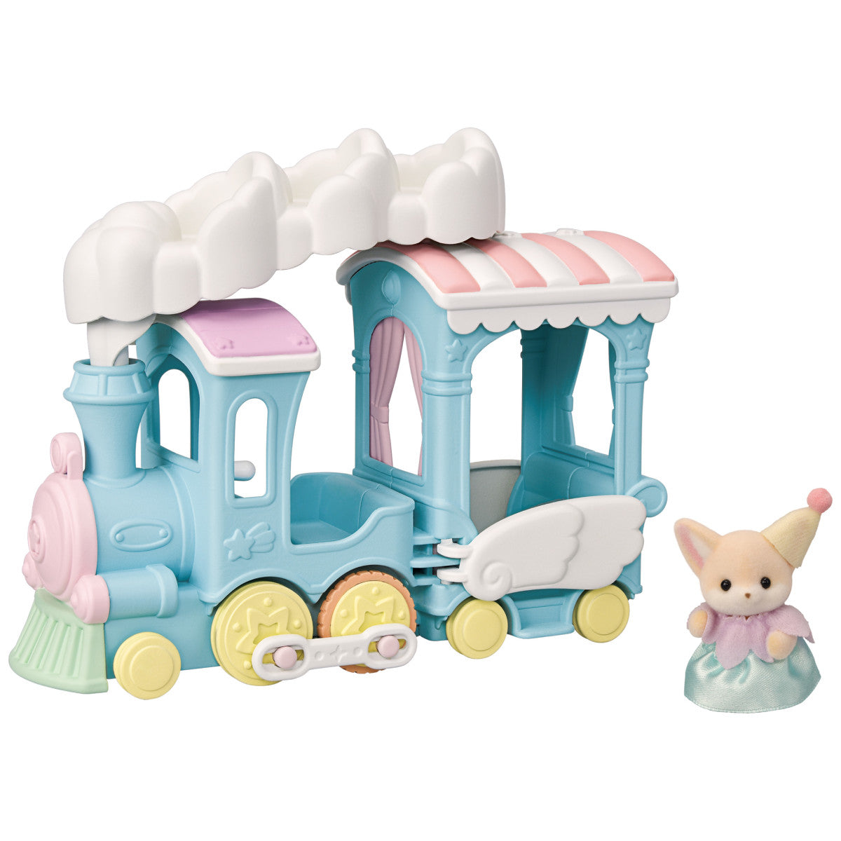 Floating Cloud Rainbow Train with pastel colors and Fennec Fox baby Yulie figure in party hat accessory set.