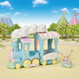 Floating Cloud Rainbow Train toy with pastel colors and a baby critter figure in an amusement park setting.