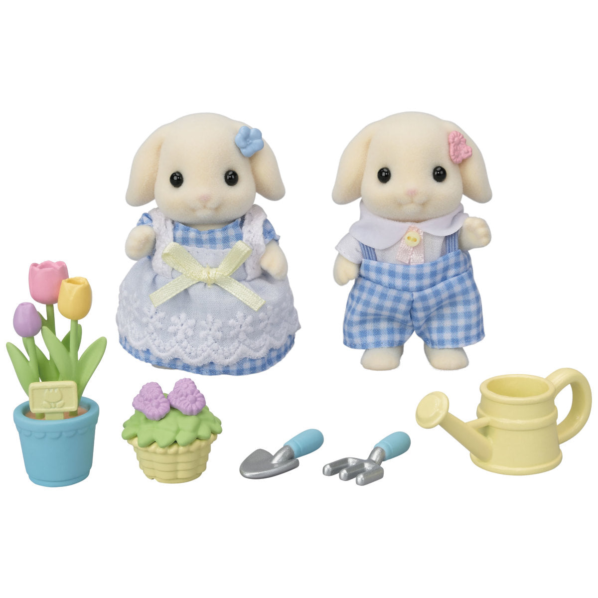 Blossom Gardening Set with Flora Rabbit siblings, interchangeable flower ears, tulips, tools, and watering can accessories.