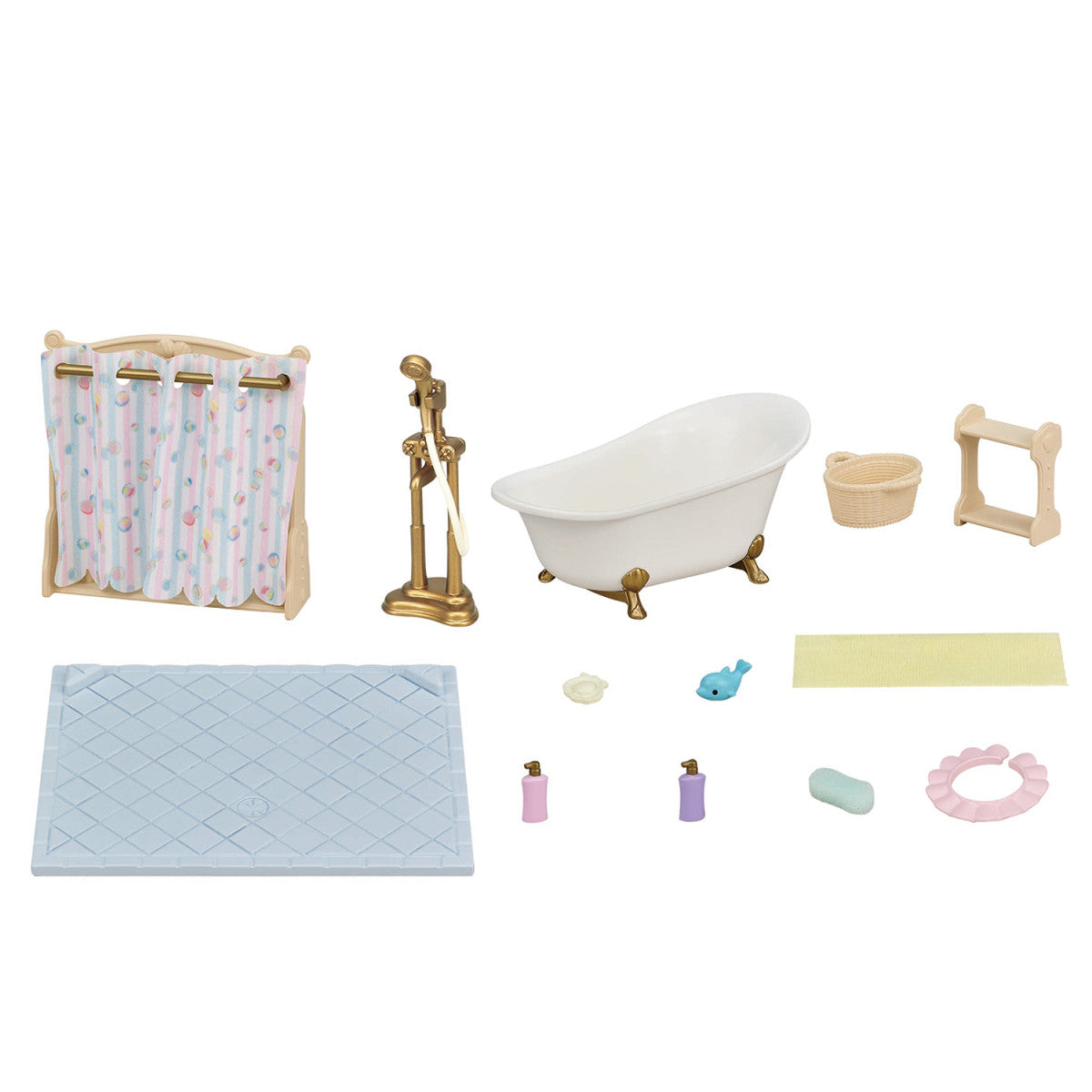 Bath & Shower Set with antique-style bathtub, shower curtain, bath toy, shampoo hat, and bath accessories on tile floor.