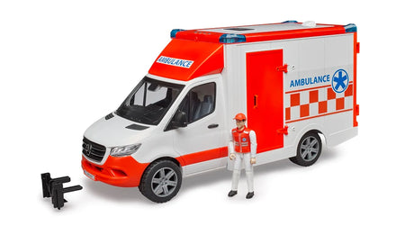 MB Sprinter Ambulance & Driver toy with opening doors, stretcher, and paramedic figure in orange and white design.