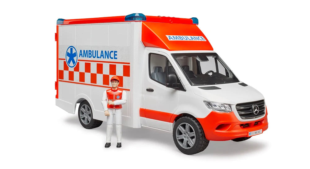 MB Sprinter Ambulance & Driver toy with opening doors, stretcher, light and sound module, and movable paramedic figure.