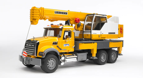 MACK Granite Liebherr Crane Truck model with extendable boom, detailed cab, and stabilizer legs in yellow and black design.