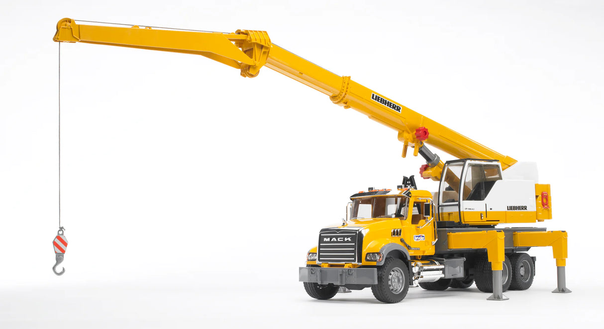 MACK Granite Liebherr Crane Truck with 50-inch extendable boom, 360° swivel crane, and stabilizer outriggers.