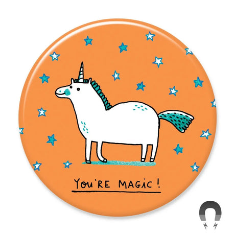 You're Magic Magnet featuring a whimsical unicorn on orange with blue stars, eco-friendly and charming design.