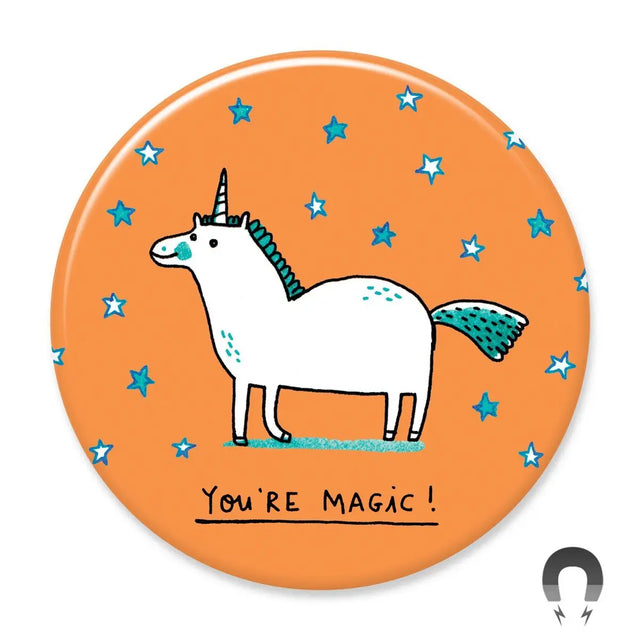 You're Magic Magnet featuring a whimsical unicorn on orange with blue stars, eco-friendly and charming design.