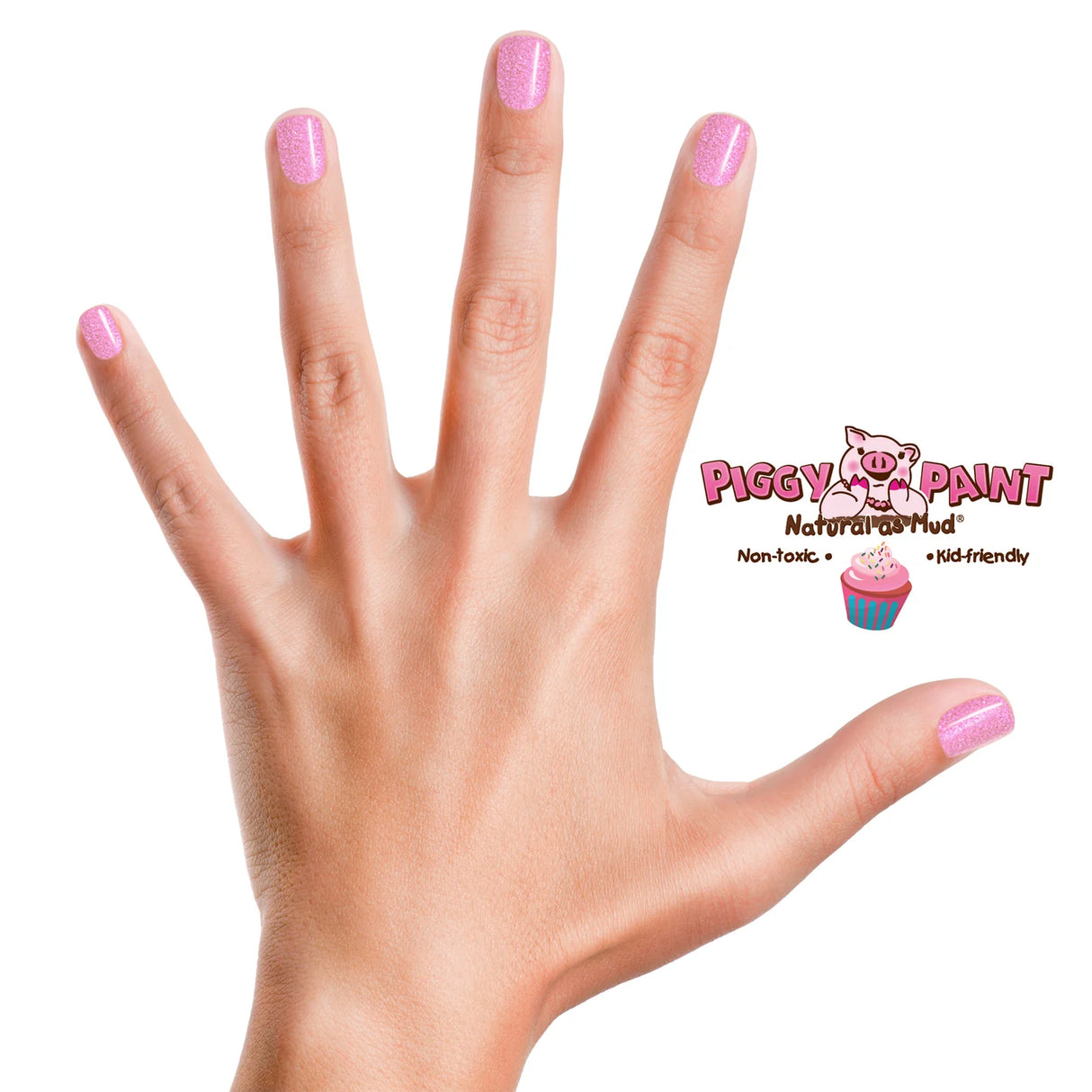 Hand with nails painted in Glitter Light Pink using Nail Polish Scented Cupcake Cutie by Piggy Paint.