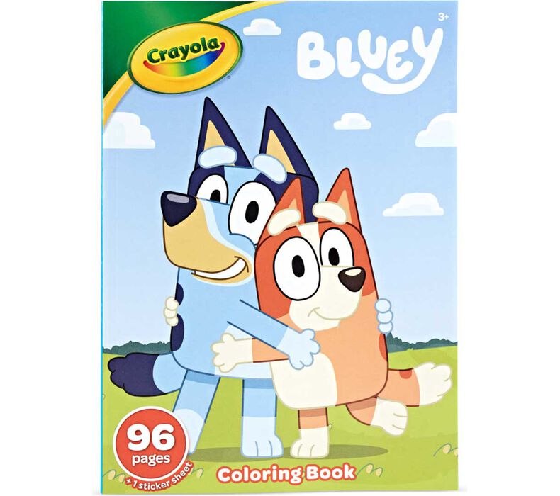 Bluey Coloring Book featuring Bluey and friends with 96 pages and Crayola branding for kids ages 3 and up.