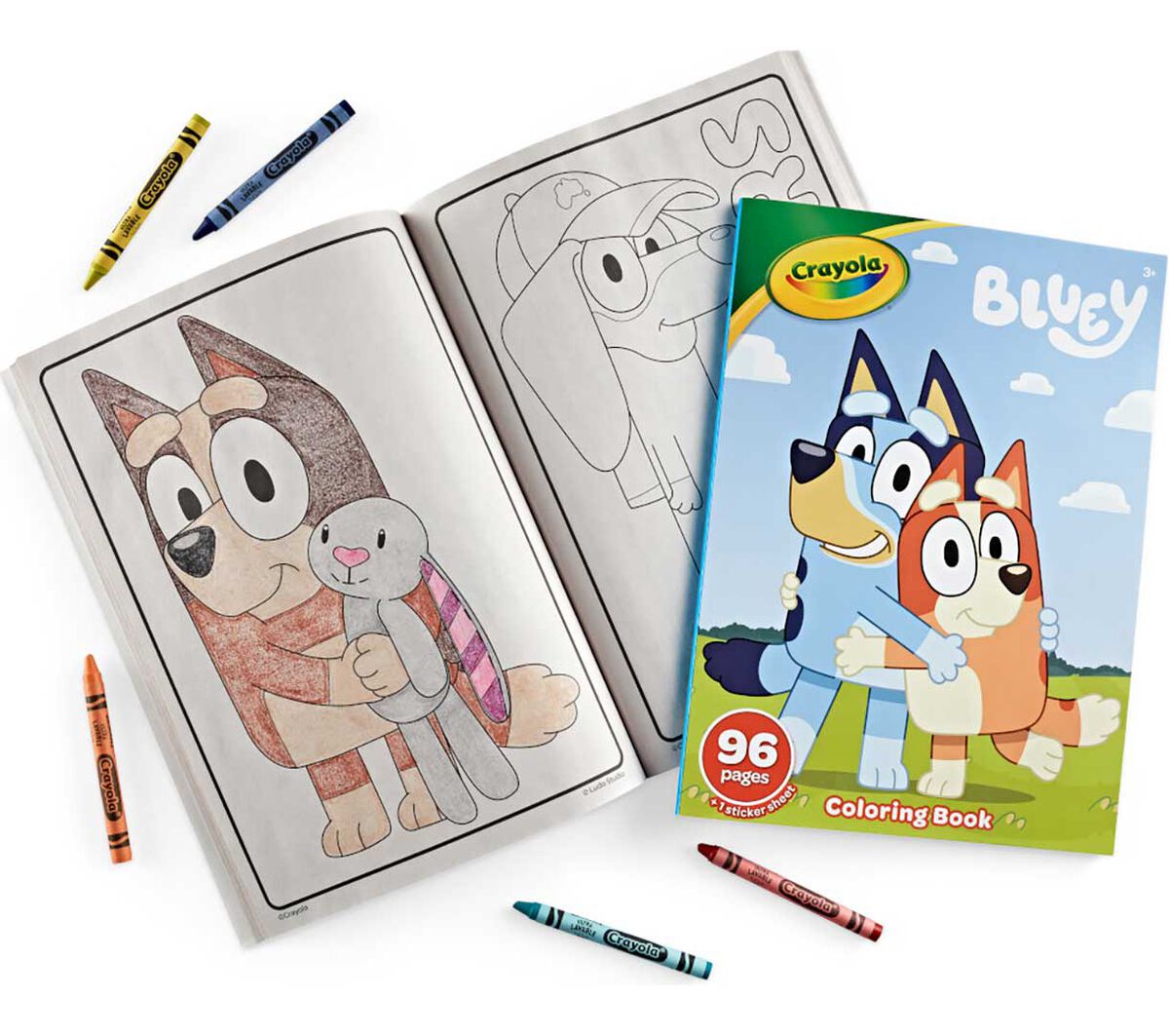 Bluey Coloring Book with 96 pages featuring characters to color, surrounded by crayons for creative fun.