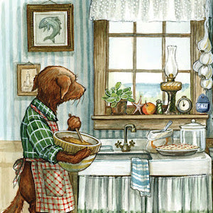 Sea Dog shows Walter the dog baking in a cozy kitchen with vintage decor and a pie on the windowsill.