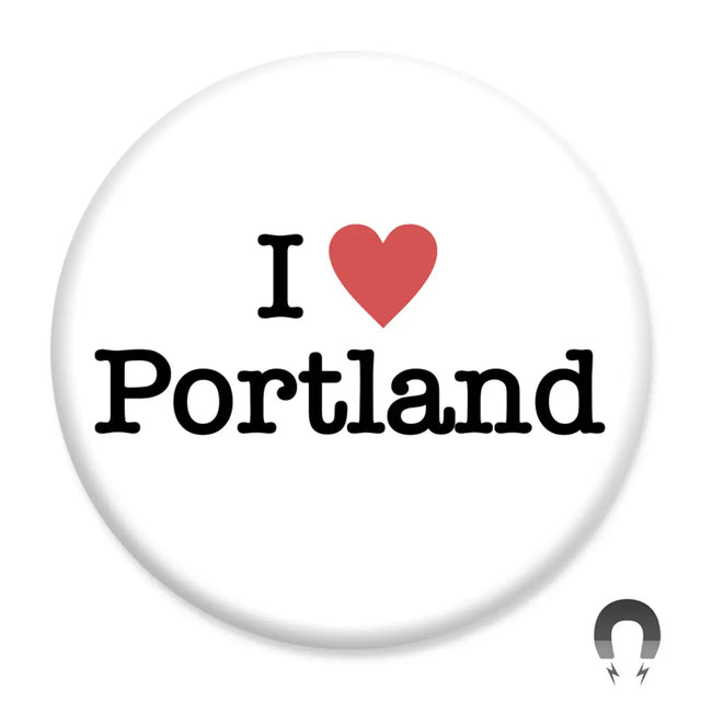 I Heart Portland Magnet with bold text and red heart design on white background, strong flat steel back magnet.