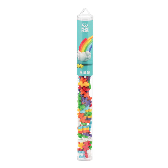 Plus Plus Rainbow 70pc tube with colorful building pieces for creative 2D and 3D play, STEM learning toy for kids ages 5-12.