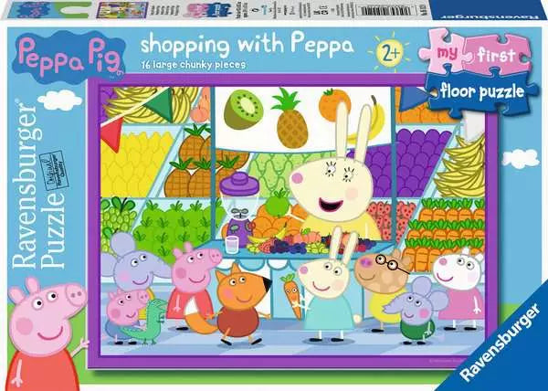 16pc Shopping with Peppa Floor Puzzle featuring colorful fruit market scene with Peppa Pig characters for toddlers age 2+