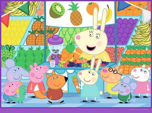 16pc Shopping with Peppa Floor Puzzle showing Peppa and friends at a colorful fruit and vegetable market scene.