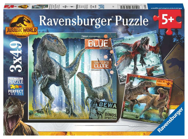 49pc x3 Jurassic World: Dominion Puzzles featuring dinosaurs Blue, Beta, Giganotosaurus, T-Rex, and Pyroraptor scenes.