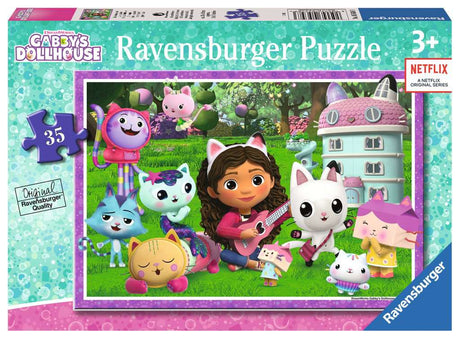 35pc Gabby's Dollhouse Puzzle showing Gabby and Gabby Cats in the magical garden with vibrant colorful pieces.