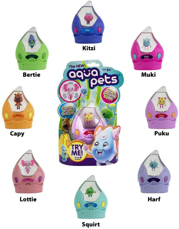 Eight colorful interactive Aqua Pets toys each with unique characters and names displayed on packaging and near.