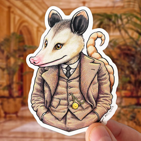 Dapper Possum Sticker featuring a posh opossum in a vintage suit, waterproof and UV protected art by Ryan McCulloch.