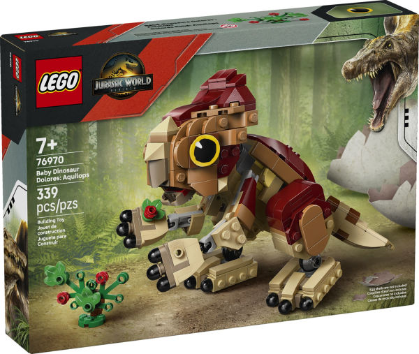 LEGO Jurassic Baby Dinosaur Dolores: Aquilops buildable figure with movable parts and plant accessory for kids 7 and up.