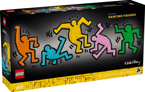 LEGO Art Keith Haring Dancing Figures building kit with five colorful dancing figures and 1,773 pieces for adults.