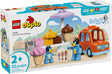 LEGO DUPLO Ice Cream Trip playset with Bluey and Dad figures, ice cream stand, cones, and drivable car for toddlers.