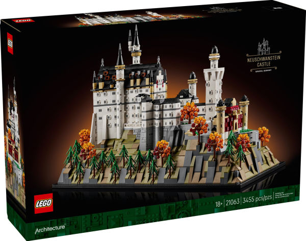 LEGO Architecture Neuschwanstein Castle with detailed spires, towers, autumn trees, and rocky base model kit in box packaging.