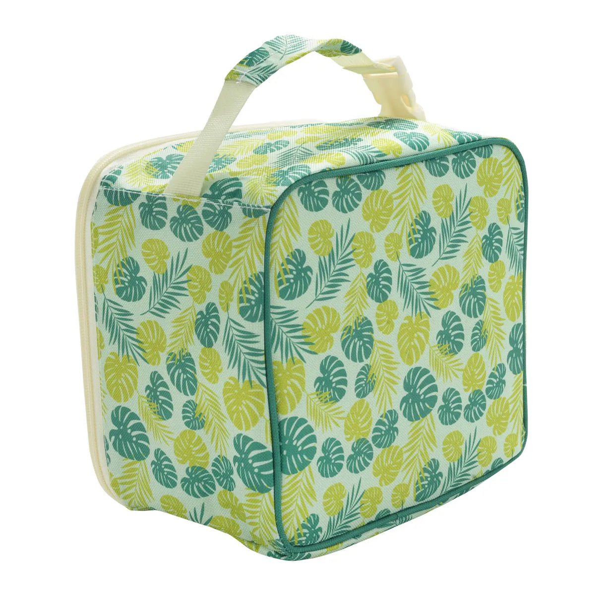 Insulated lunch tote with tropical green and yellow leaf pattern, zip closure and top carrying handle for easy transport